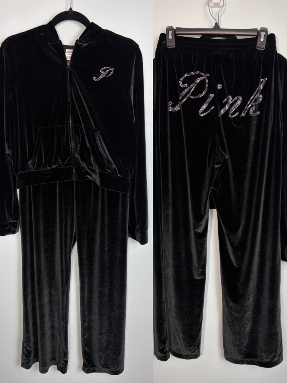 PINK Victoria's Secret Y2K Velour Black Track Suit Set Women’s Jacket L Pants M